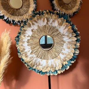 Chic decor, JUJUHAT 70CM, natural duck blue gold feathers, gold beige, gold white, 15cm mirror in gold raffia, entirely handmade