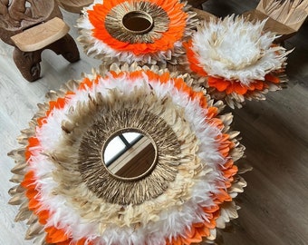 TRIO OF JUJUHATS, Natural beige, orange, white fluffy feathers, beige rooster, gold raffia mirrors 20cm / 15cm, Artisanal creation France