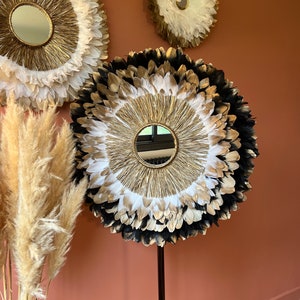 Chic decor, JUJUHAT 70CM, natural black and gold feathers, beige and gold, white and gold, fluffy black between, 15cm mirror in golden raffia, French creation