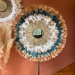 JUJUHAT handmade, size XXL 85CM, Natural feathers Terracotta gold, duck blue gold, white gold, mirror 15cm in hand-woven gold raffia