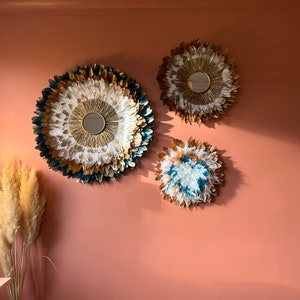 TRIO of JUJUHATS, Decorative boho mirrors, terracotta gold, duck blue, white shades and 15cm mirrors in gold raffia, handmade