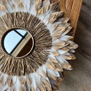 JUJUHAT Gold 55-60CM, decoration in natural white feathers with golden tips and 15cm mirror in golden raffia. French artisanal creation image 3