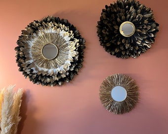 TRIO OF JUJUHATS, Artisanal creation in natural feathers: black, golden white, beige, mirrors in raffia and golden brass 15cm, chic and sober