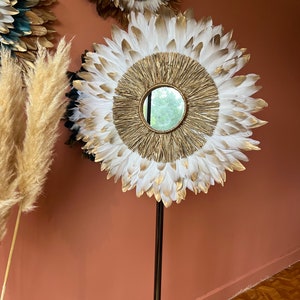 JUJUHAT Gold 55-60CM, decoration in natural white feathers with golden tips and 15cm mirror in golden raffia. French artisanal creation image 7