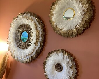 JUJUHAT TRILOGY, Beige, white and gold feathers, 20cm gold raffia mirror, 15cm gold brass mirror, gold cowrie shells