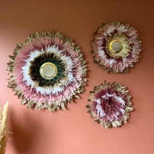 TRIO OF JUJUHATS, quality wall composition in peacock, pink, old pink, beige, gold and white feathers of African inspiration