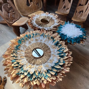 TRIO of JUJUHATS, Decorative boho mirrors, terracotta gold, duck blue, white shades and 15cm mirrors in gold raffia, handmade