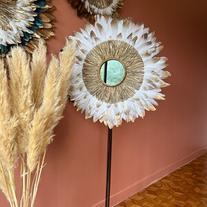 JUJUHAT Gold 55-60CM, decoration in natural white feathers with golden tips and 15cm mirror in golden raffia. French artisanal creation image 8