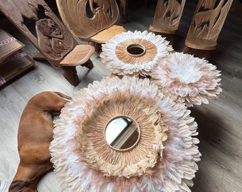 JUJUHATS TRILOGY, Beige, white, fluffy white and beige boho decorative mirrors, rooster feathers and hand-knotted natural raffia