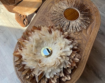 Juju Hat 47 cm Terracotta – Natural beige rooster feathers – 9 cm gold brass mirror – Sunburst mirror duo – Boho wall decor