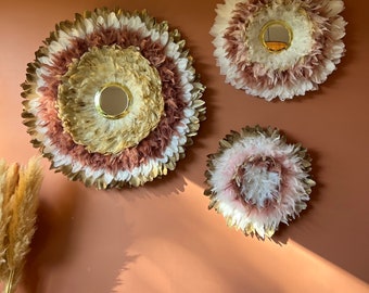 Trendy interior decor, JUJUHATS TRILOGY, beige feathers with gold, white, old pink tips, gold brass mirrors 18cm and 15cm