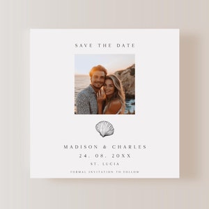 Beach Wedding Save The Date, Seashell Save The Date, Square Save The Date, Tropical Destination Wedding Invite, Editable Template Minimalist
