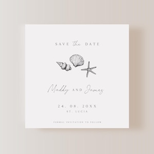 Tropisch Save the Date, Strandhochzeit, druckbare Vorlage, anpassbares Design, Hochzeitsort einladen, bearbeitbare Vorlage minimalistisch