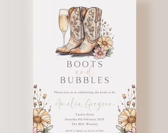 Boots and Bubbles Bridal Shower Invitation, Editable Rustic Template, Printable Cowgirl Invite for Western Bridal Shower, Boots and Bubbly