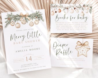 May include: A set of baby shower invitations and cards with a Christmas theme. The invitation reads "Merry little Baby Shower" with the name Amelia Moore and the date December 14. Other cards say "Books for baby" and "Diaper Raffle".