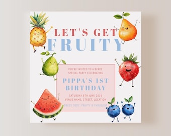 Inbjudan till 1-årsdag med dansande frukt, födelsedagsinbjudan med dansande frukt, redigerbar mall, första födelsedagsfest, direktnedladdning, EBP17