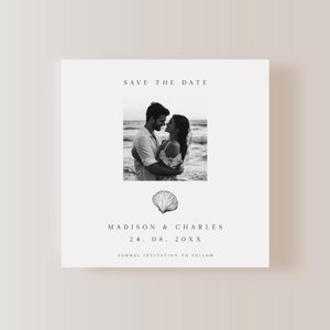 Beach Wedding Save The Date, Seashell Save The Date, Square Save The Date, Tropical Destination Wedding Invite, Editable Template Minimalist
