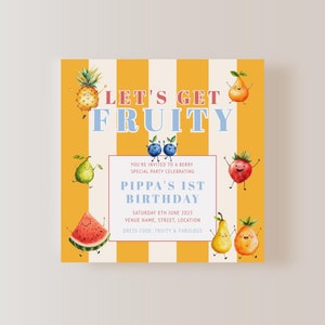 Verjaardagsuitnodiging dansend fruit, gepersonaliseerde verjaardag dansend fruit, bewerkbare sjabloon, eerste verjaardagsfeestje, instant download, EBP17