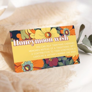 70er Retro Blumen Flitterwochen Wunschkarte, Bunte 70er Hochzeit Geschenk Vorlage, Boho Retro Chic Flitterwochen Fund, Hochzeit Geldkarte Einleger, MAY
