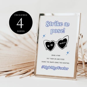 Love Heart Sunglasses Sign, Put on a pair and pose, Heart shaped sunglasses wedding trend, Take a pair and pose, Bright blue, Retro