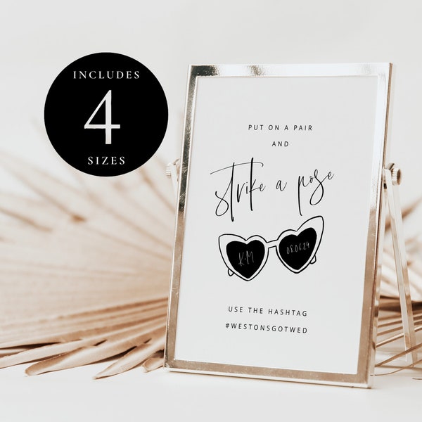Put these on and pose, Love heart sunglasses sign, Heart sunglasses wedding trend, Take a pair and pose wedding sign, Wedding signs - SMITH
