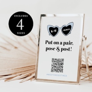 Love Heart Sunglasses Sign, Put on a pair and pose sign, Heart sunglasses wedding trend, Take a pair and pose wedding, QR code,Strike a pose