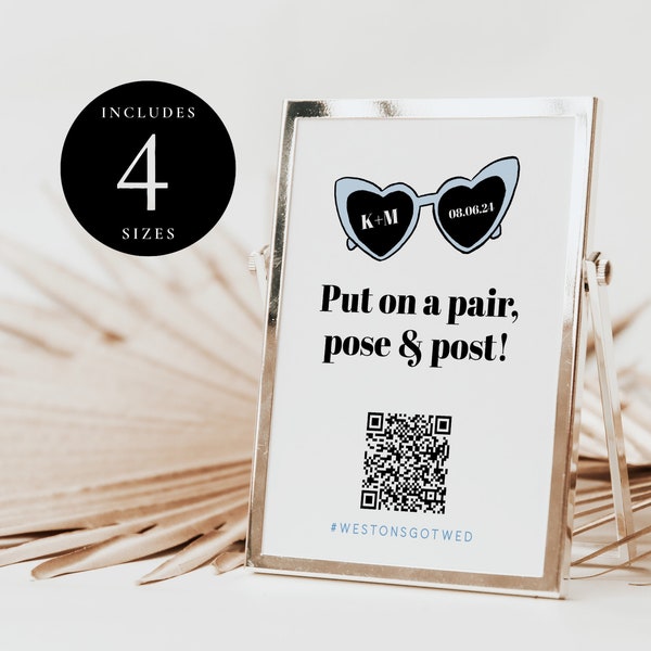 Love Heart Sunglasses Sign, Put on a pair and pose sign, Heart sunglasses wedding trend, Take a pair and pose wedding, QR code,Strike a pose