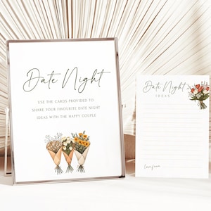 Letrero y tarjetas con fecha recién salida del mercado, plantilla de tarjeta para una cita nocturna, ideas para una cita nocturna, despedida de soltera, editable, imprimible, EBP16