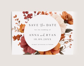 Réserver cette date pour mariage automne minimaliste, modèle « Réserver cette date » automne, réservez cette date floral rustique, floral orange brûlé, imprimable, bricolage