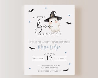 A Little Boo Is Almost Due Baby Shower Invitation Template, Halloween Blue Baby Shower Invite, Boy Baby Shower Evite, Little Boo Invitation