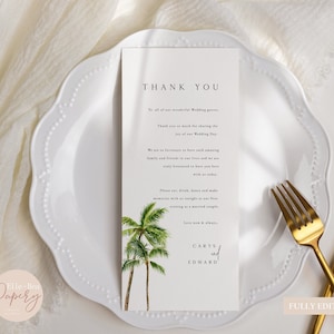 Tropical Wedding Thank You Card, Palm Tree Destination Wedding Printable, Editable Reception Napkin Note, Beach Theme Digital Template, PIA