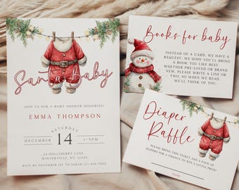 May include: A set of baby shower invitations and cards with a Christmas theme. The main invitation features a Santa suit graphic and the words "Santa Baby." Additional cards include a snowman and a diaper raffle card.