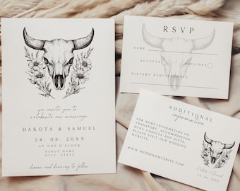 Western Wedding Invitation Suite Template, Minimalist Cowboy Wedding Invite, Bull's Skull Invitation Template, Southwestern Wedding Invite