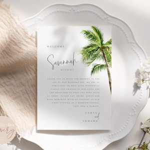 Tropisch bedankje, bestemming bruiloft plaatsnaamkaartje, strand, palmboom, afdrukbaar, download, 3 stijlen, gepersonaliseerd, PIA