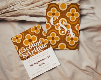70s Retro Wedding Invitation Template: Funky Orange Floral (Instant Download)