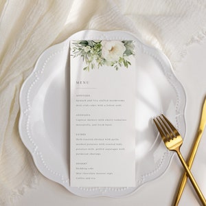 Plantilla de menú de boda floral blanco, tarjeta de lugar de menú floral blanco, 3.75x9, descarga instantánea, imprimible, bricolaje, Templett, minimalista, EBP09