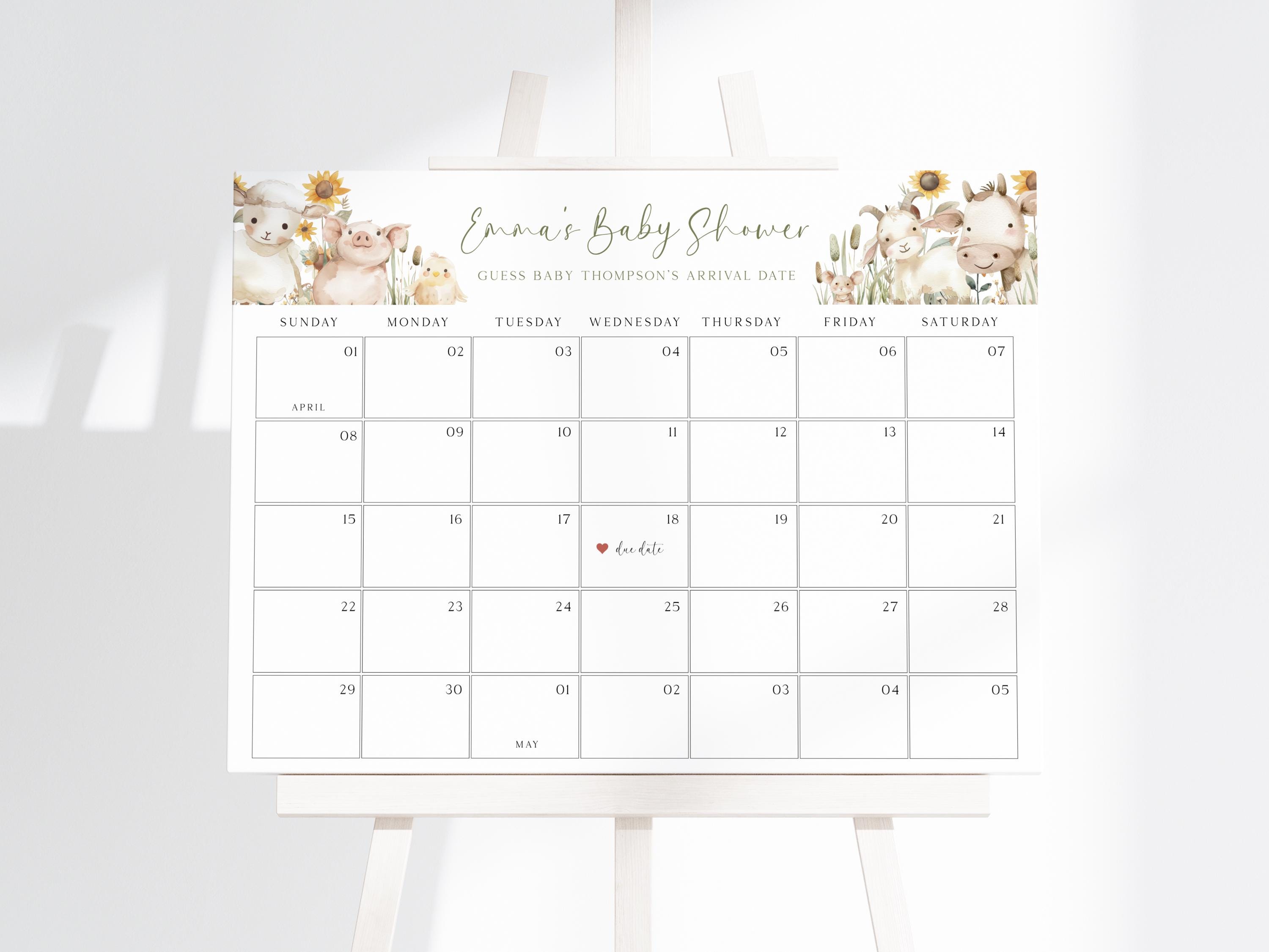 Baby Due Date Calendar Sign, Guess the Birthday Baby Shower Game, Guess Baby's Birth Date, Farm Baby Shower Decor, Instant Download, EBP22