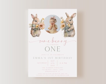 Some Bunny is One Invitation, Some Bunny is Turning One Invite, Bunny Birthday Party Invitation, 1st Birthday Girl, Editable, Digital
