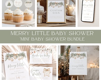 May include: A selection of baby shower decorations and stationery. Includes cupcakes with toppers, a framed custom sign, a phone mockup, invitations, and a diaper raffle card. The theme is festive with gold and green accents.