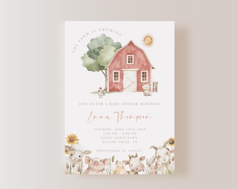 Invitación de baby shower de animales de granja, plantilla editable de invitación de animales de granja, género neutro, descargable, imprimible, EBP22
