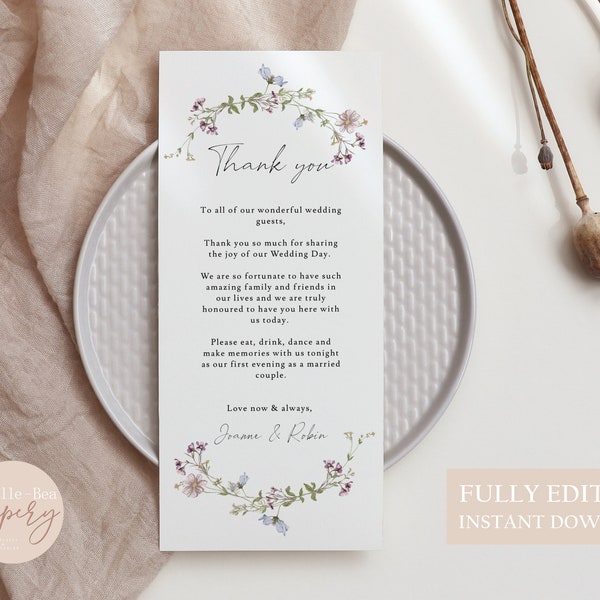 Pale Floral Thank You Place Card | Pastel Thank You Napkin Note | Printable Thank You | Place Setting Thank You | Wedding Table | ELORA 4x9