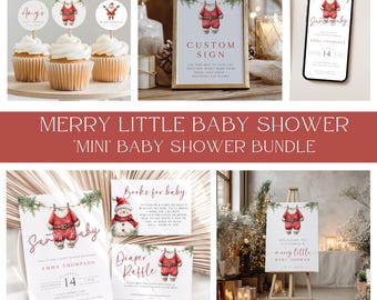 May include: A festive baby shower bundle featuring Christmas-themed decorations. The image shows cupcakes, a custom sign, a phone mockup, invitations, and a welcome sign. Text includes "Merry Little Baby Shower".