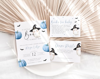 Ensemble d'invitations pour baby shower Little Boo bleu, lot de cadeaux de baby shower fantôme, Little Boo est presque due, baby shower d'Halloween, modèle, EBP30