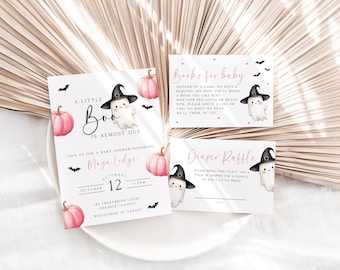 Little Boo Baby Shower Invitation Bundle Pink, Ghost Baby Shower Bundle, Little Boo is Almost Due, Halloween Baby Shower, Template, EBP29