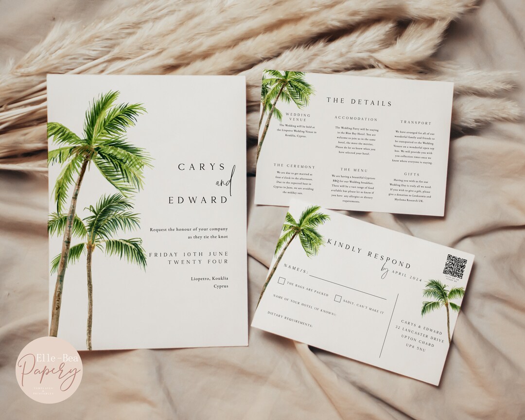 Tropical Palm Tree Wedding Invitation Set, Printable Destination ...