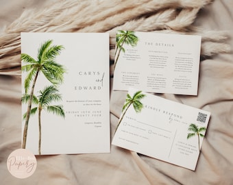 Tropical Palm Tree Wedding Invitation Set, Printable Destination Wedding Invite Bundle, Beach Wedding Suite, QR Code, Download, Instant, PIA