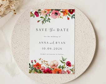 Bright Floral Save The Date Template, Bright Flowers, Save Our Date, Editable Template Minimalist, Summer Wedding, Editable, Download