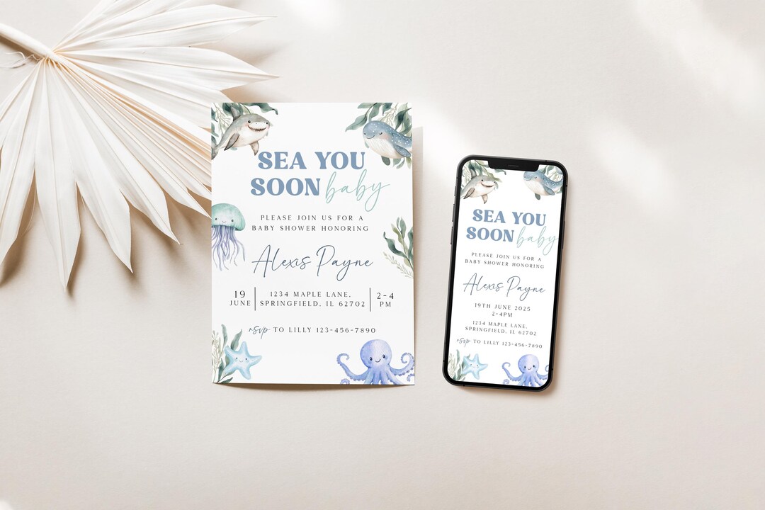 Sea You Soon Baby Shower Invitation Template, Phone Invitation, Coastal ...