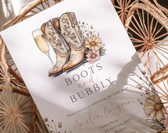 Boots and Bubbly Bridal Shower Invitation, Editable Rustic Template, Printable Cowgirl Invite for Western Bridal Shower, Boots and Bubbles