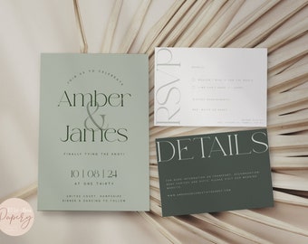 Minimalist Sage Green Wedding Invitation Suite, Modern Olive Green Wedding Invitation Template Set, Simple Sage Green Wedding Invite - OLIVE